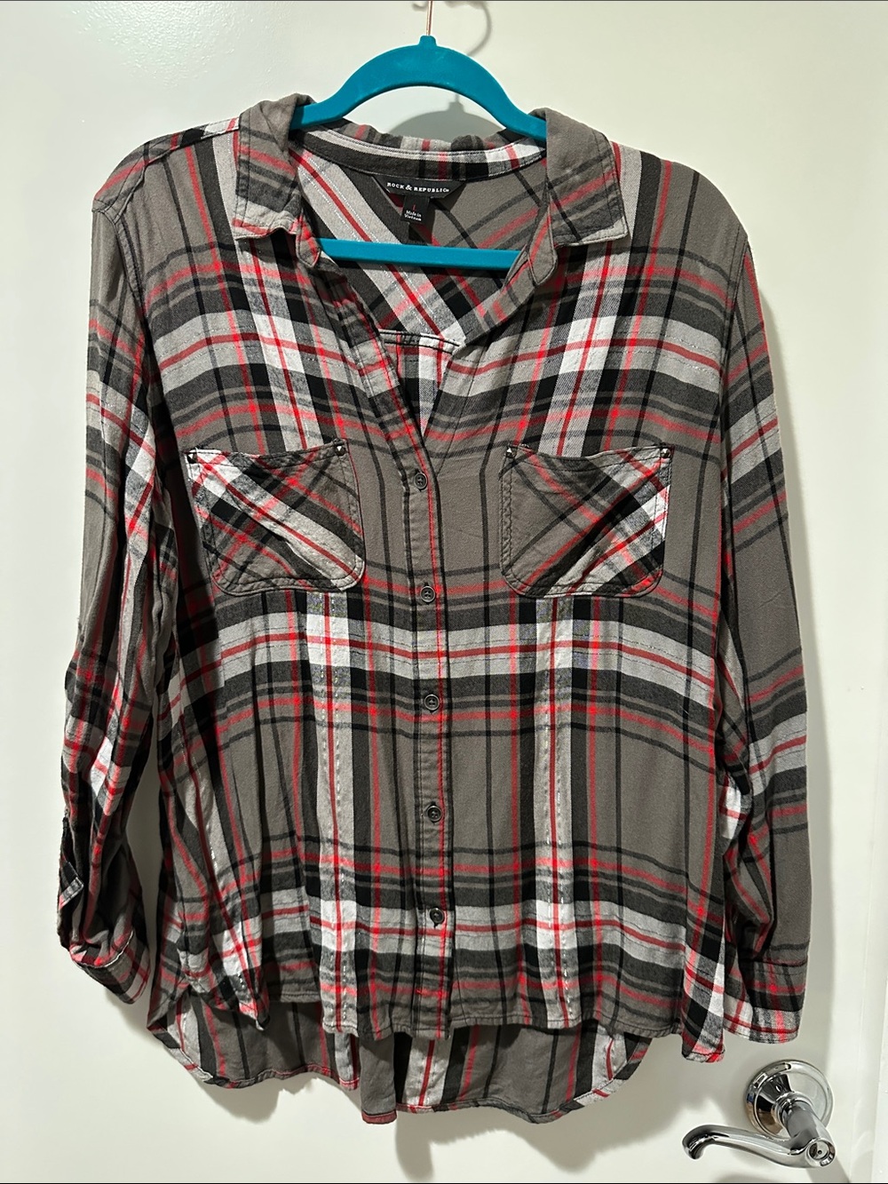 Rock & Republic Grey Plaid Button-Down Shirt with Red Accents